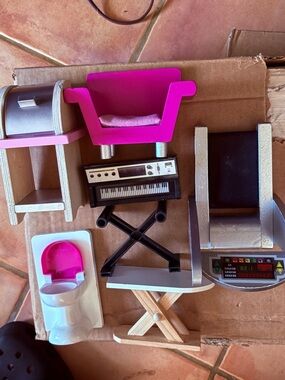 Lot of 6 Kid Kraft wooden doll furniture- toilet, treadmill, iron board, piano